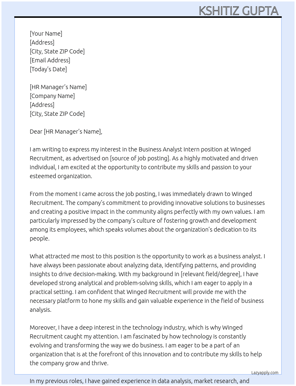 Business analyst intern At Winged Recruitment  Cover Letter