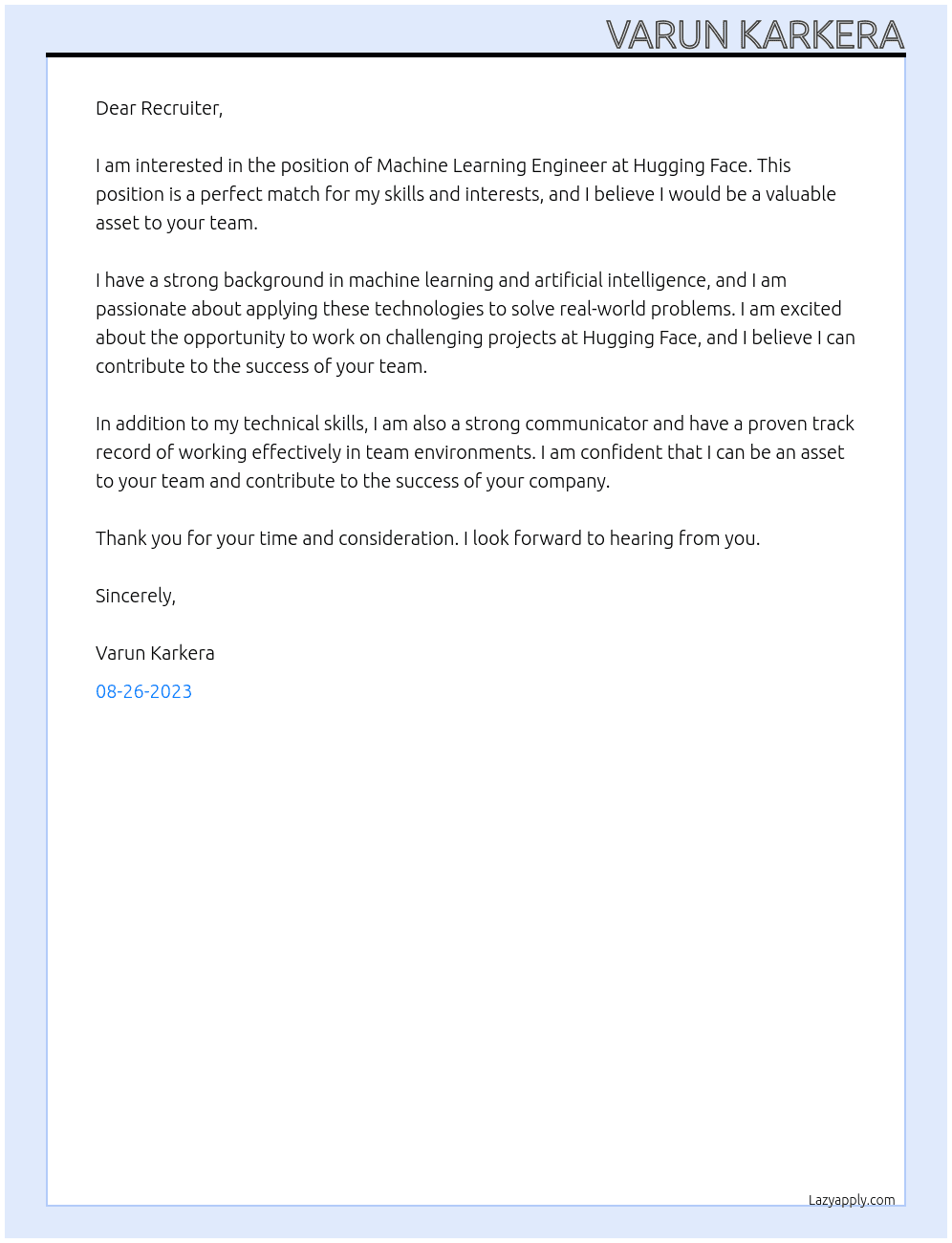 Machine Learning Engineer At Hugging Face Cover Letter