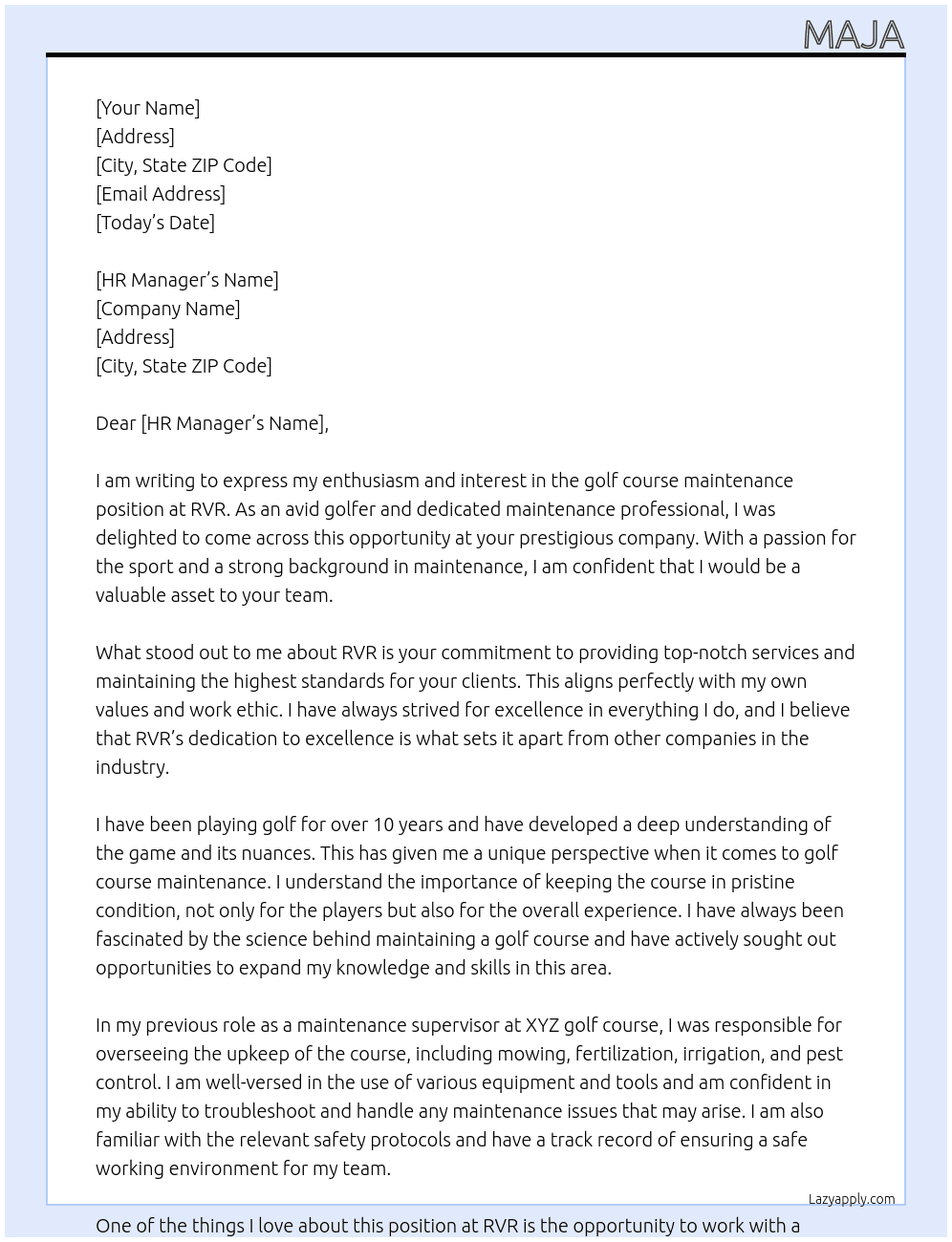 golf course maintenance At RVR Cover Letter