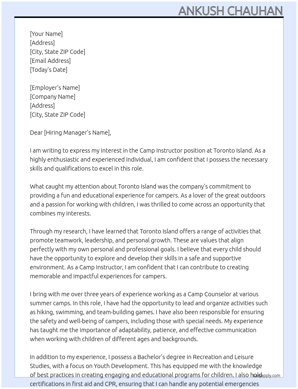 Camp Instructor At Toronto Island Cover Letter