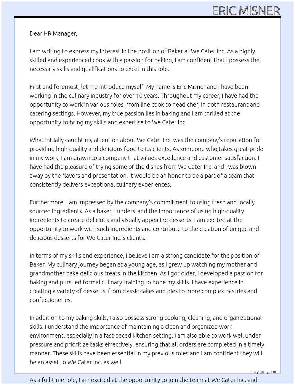 Baker At We Cater Inc. Cover Letter