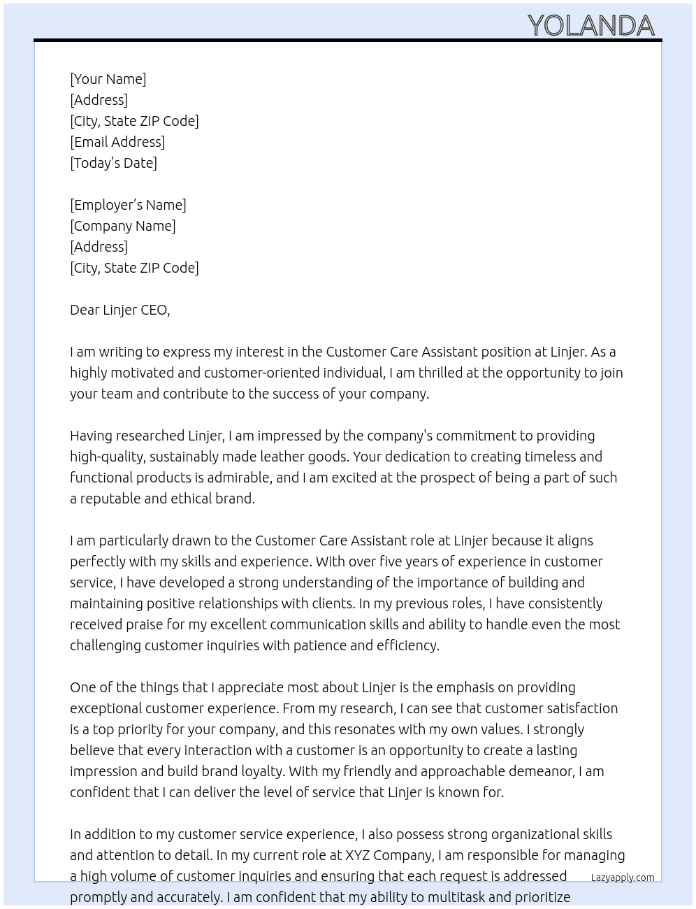 Customer Care Assistant  At Linjer Cover Letter