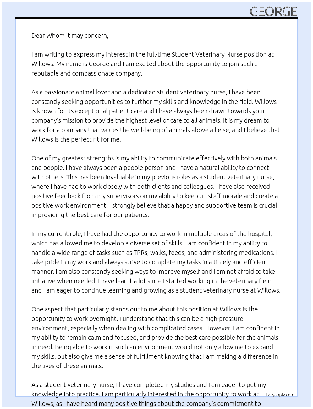 Student veterinary nurse At Willows Cover Letter