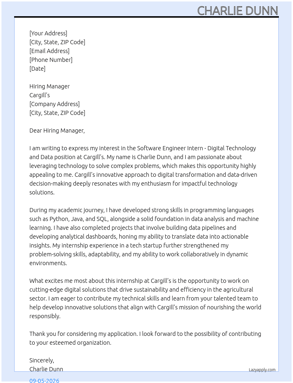 Cover letter for software engineer intern - digital technology and data - LazyApply