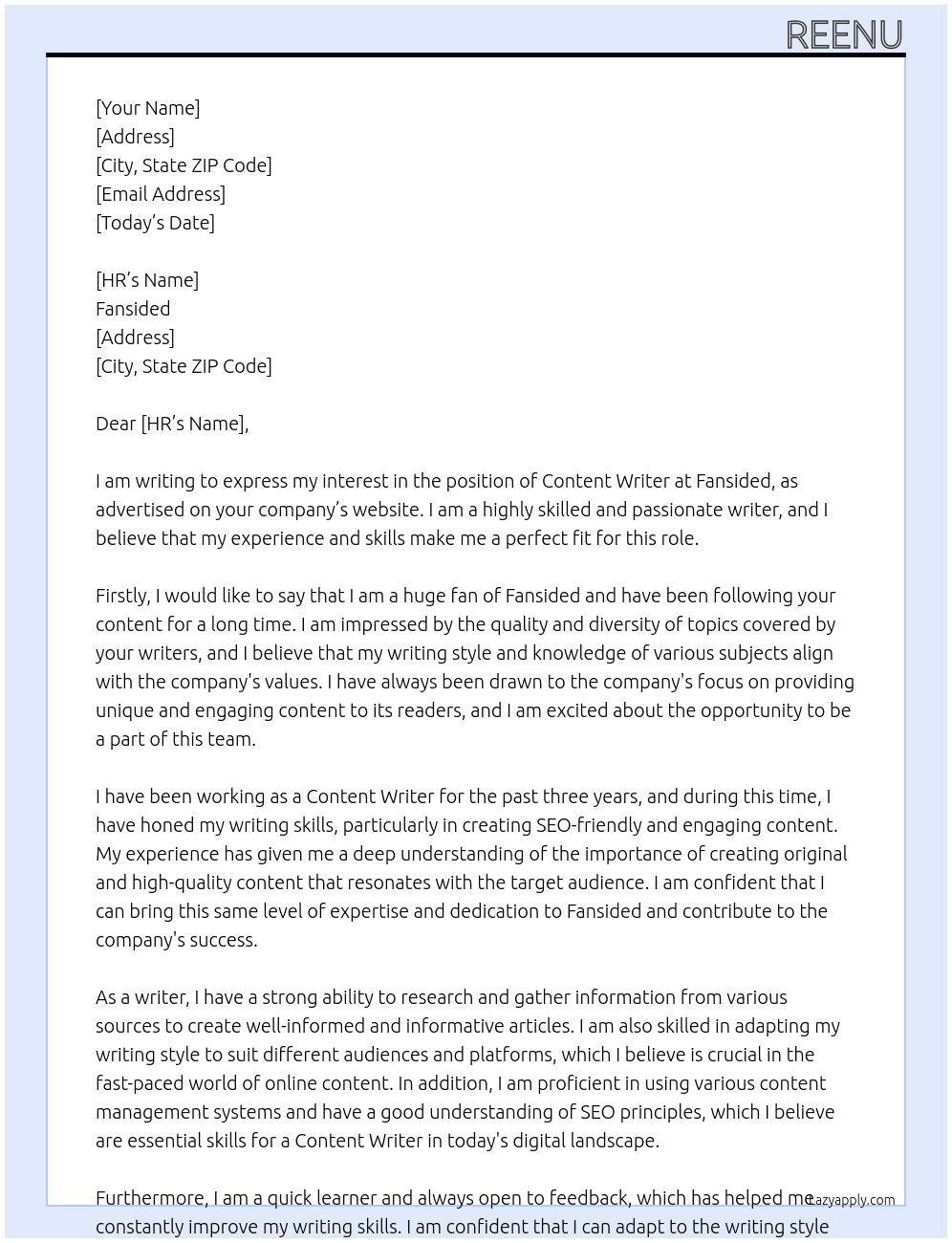 Content Writer At Fansided Cover Letter
