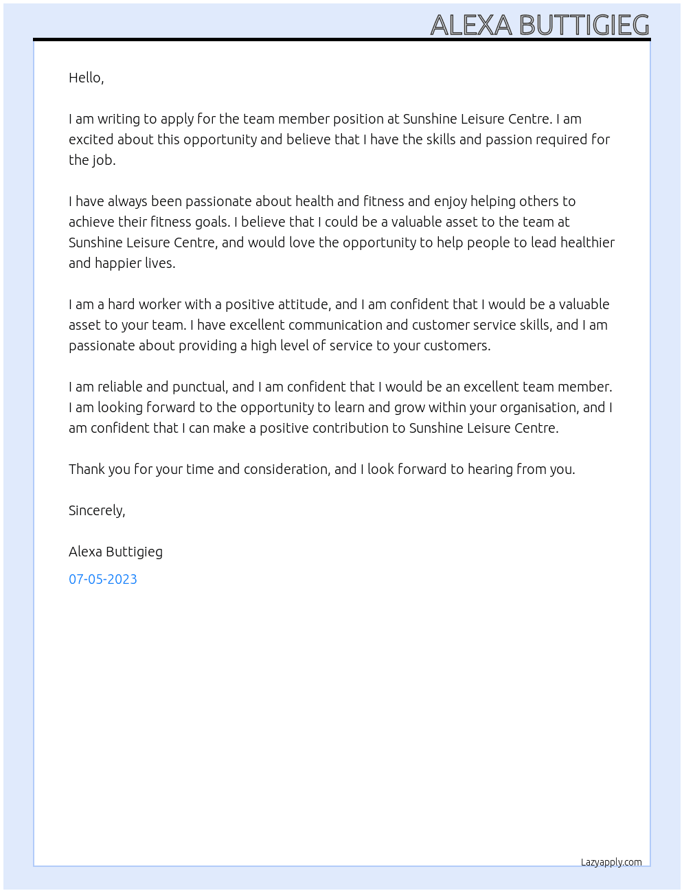 Team Member At sunshine leisure centre Cover Letter