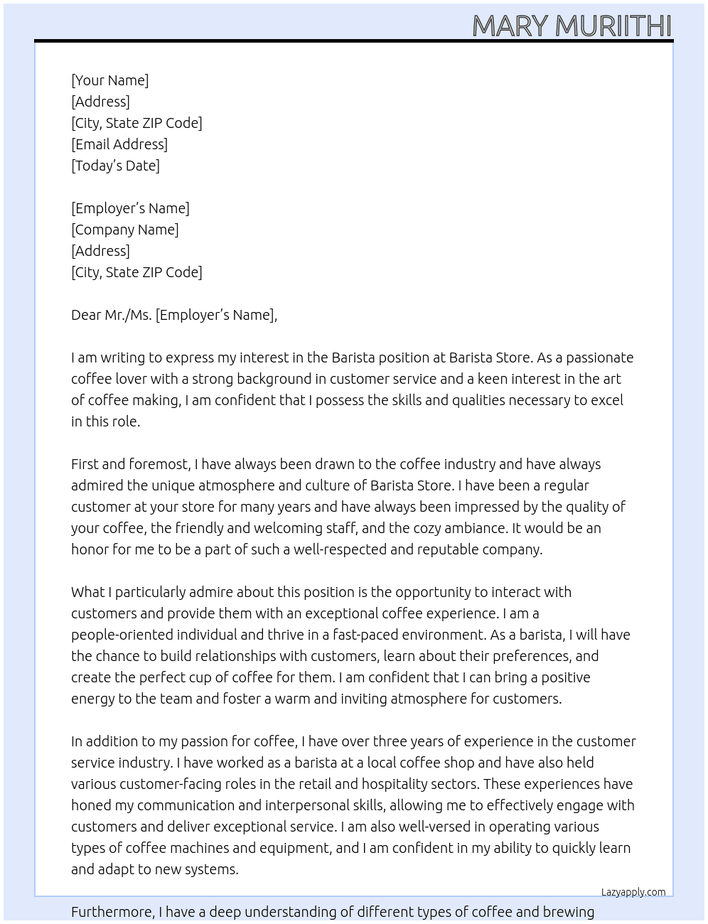 Barista At Barista store  Cover Letter
