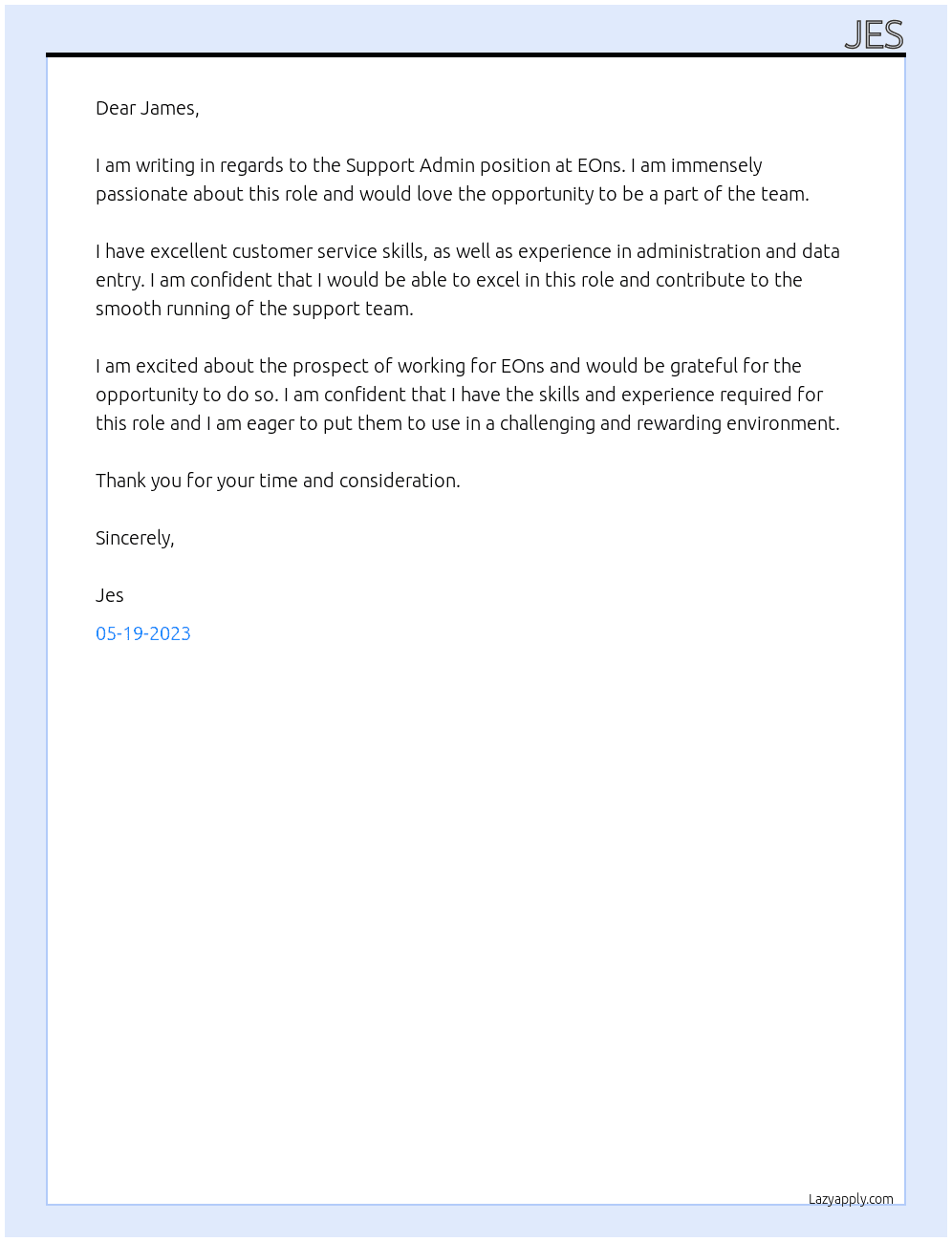 Suppport Admin At EOns Cover Letter