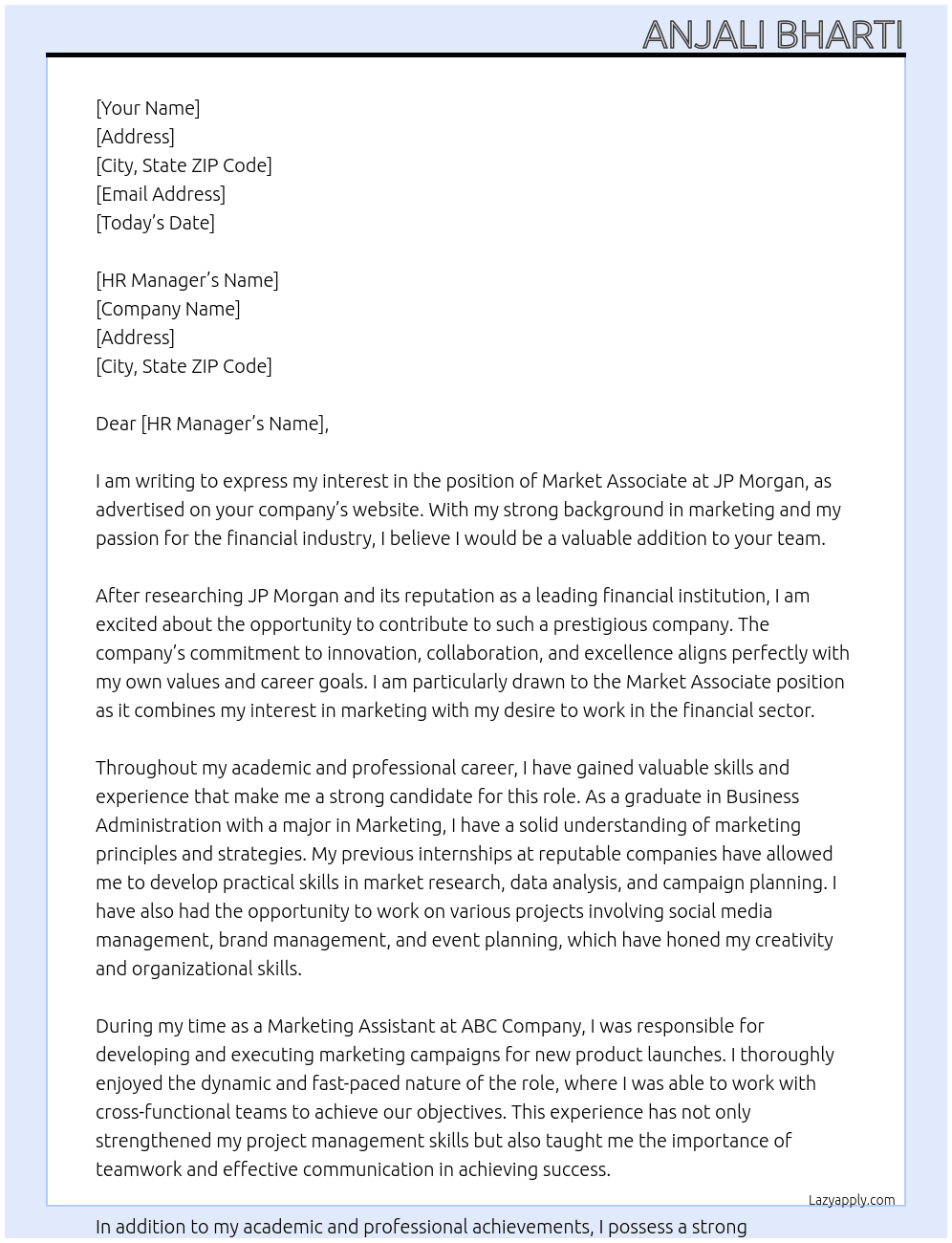market associate At jp morgan  Cover Letter
