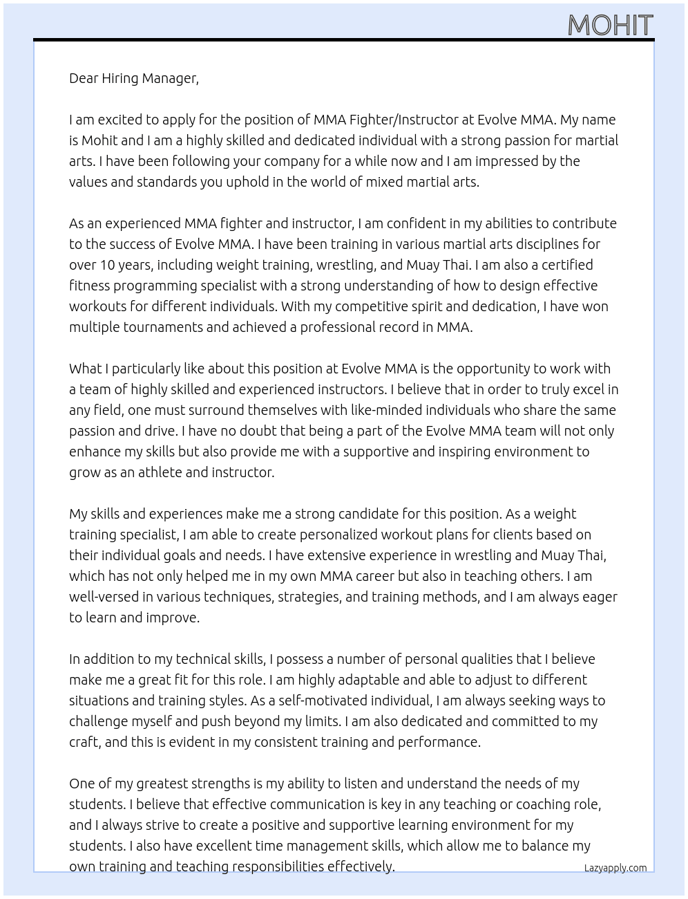 MMA FIGHTER/INSTRUCTOR At evolve mma Cover Letter