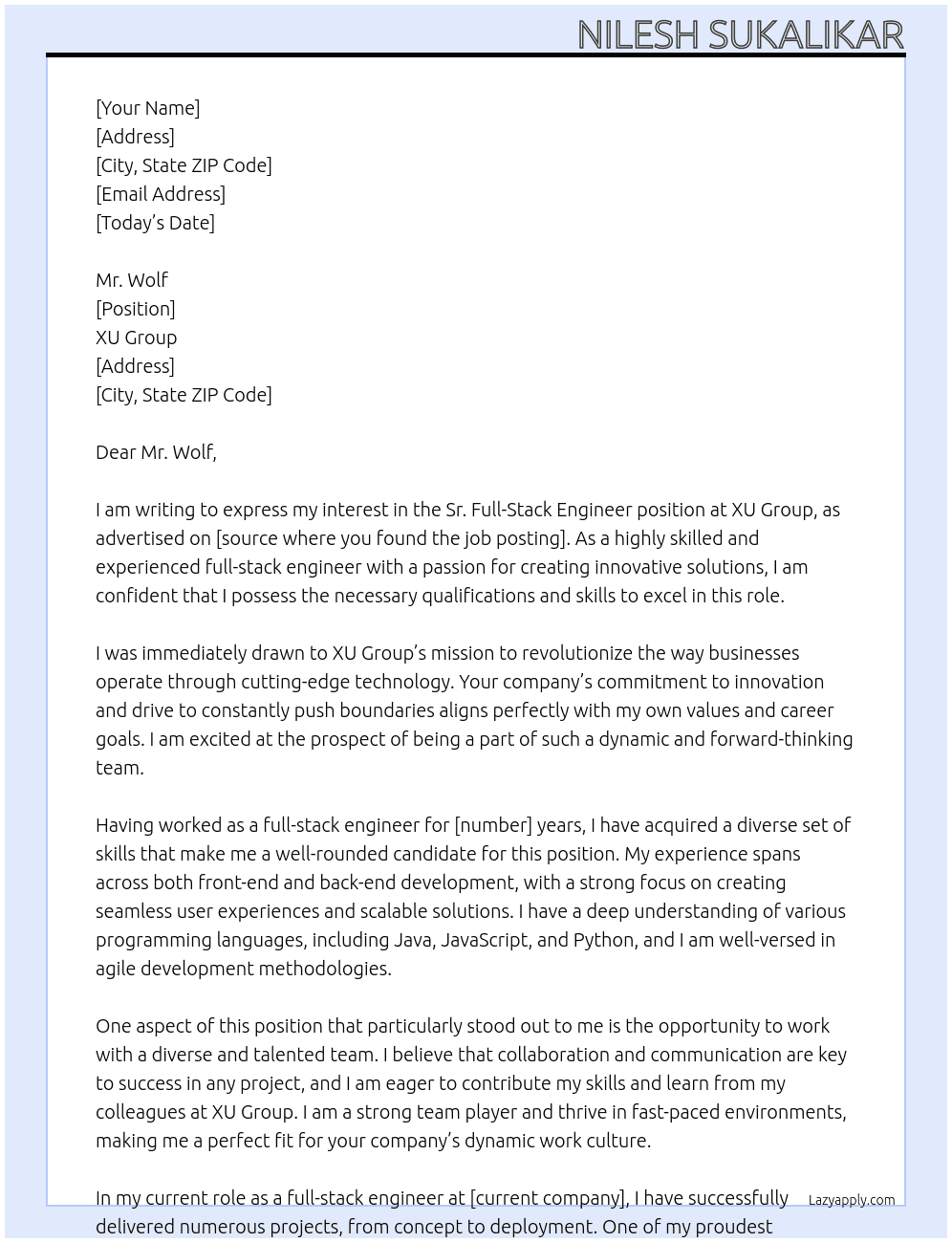 Sr. Full-Stack Engineer At XU Group Cover Letter