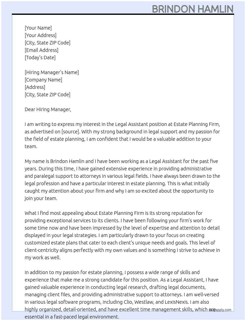Legal Assistant At Estate Planning Firm Cover Letter