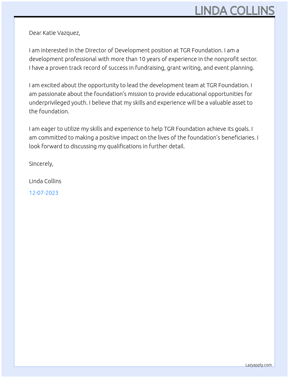 Director of Developement At TGR Foundation Cover Letter