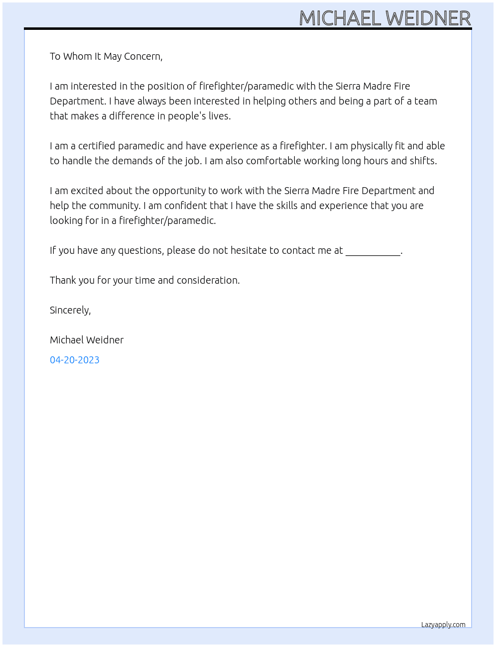 firefighter/paramedic At Sierra Madre Fire Department Cover Letter