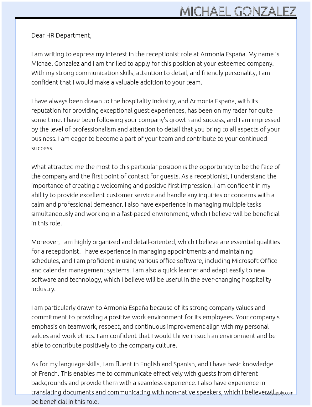 receptionist  At armonia España Cover Letter