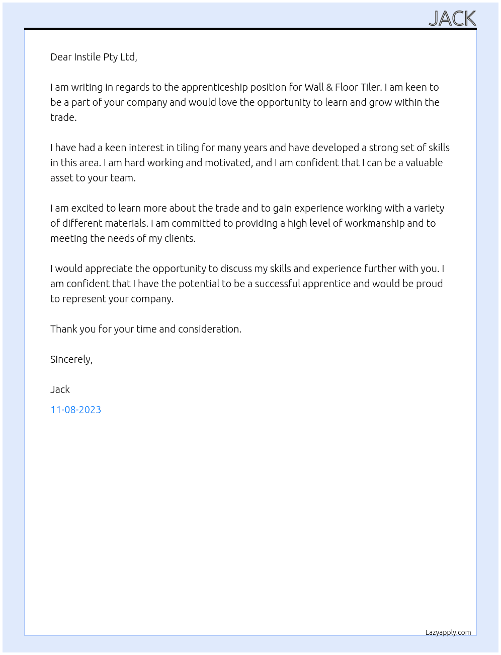 Apprentices Wall & Floor Tiler At Instile Pty Ltd Cover Letter