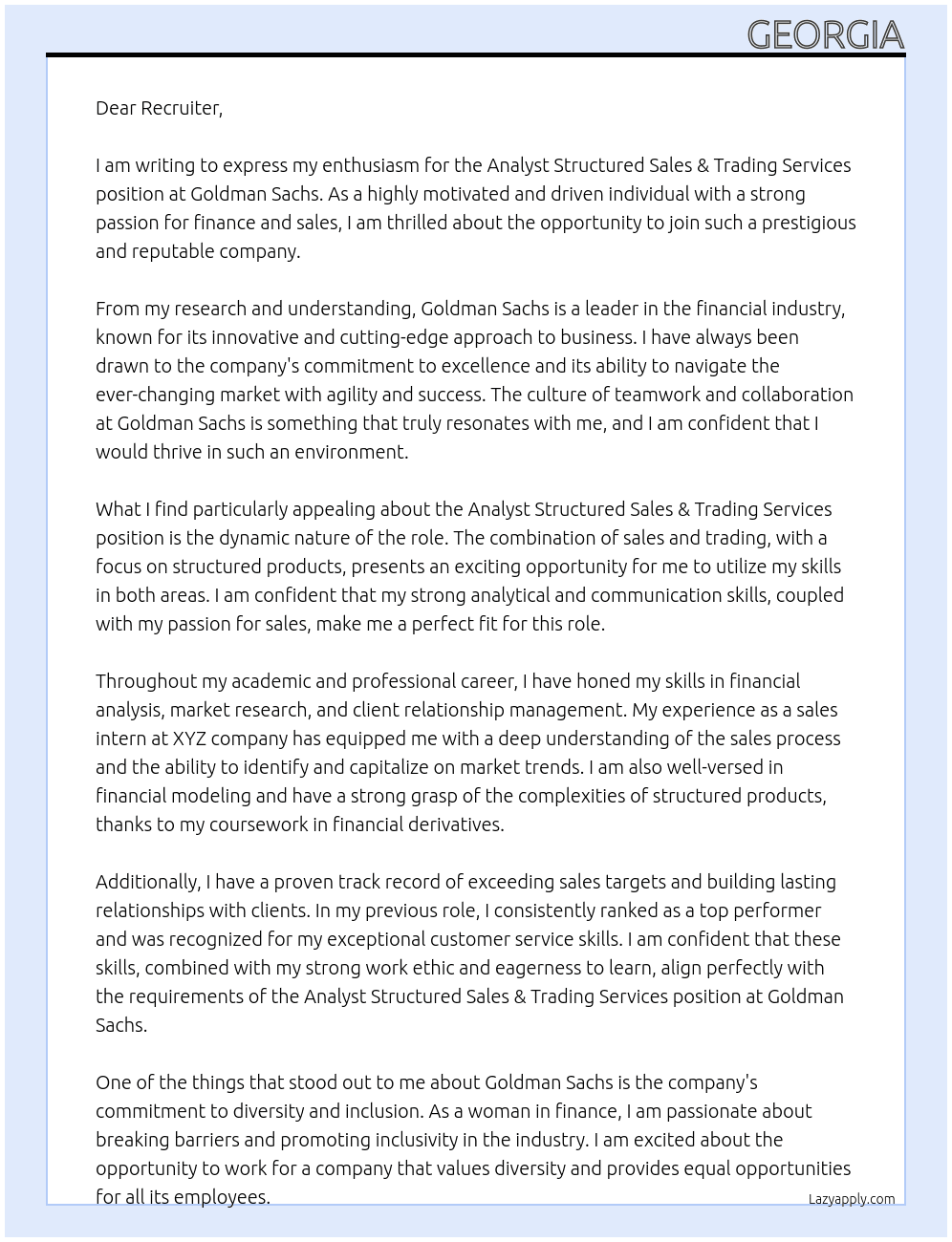Cover letter for analyst structured sales & trading services - LazyApply