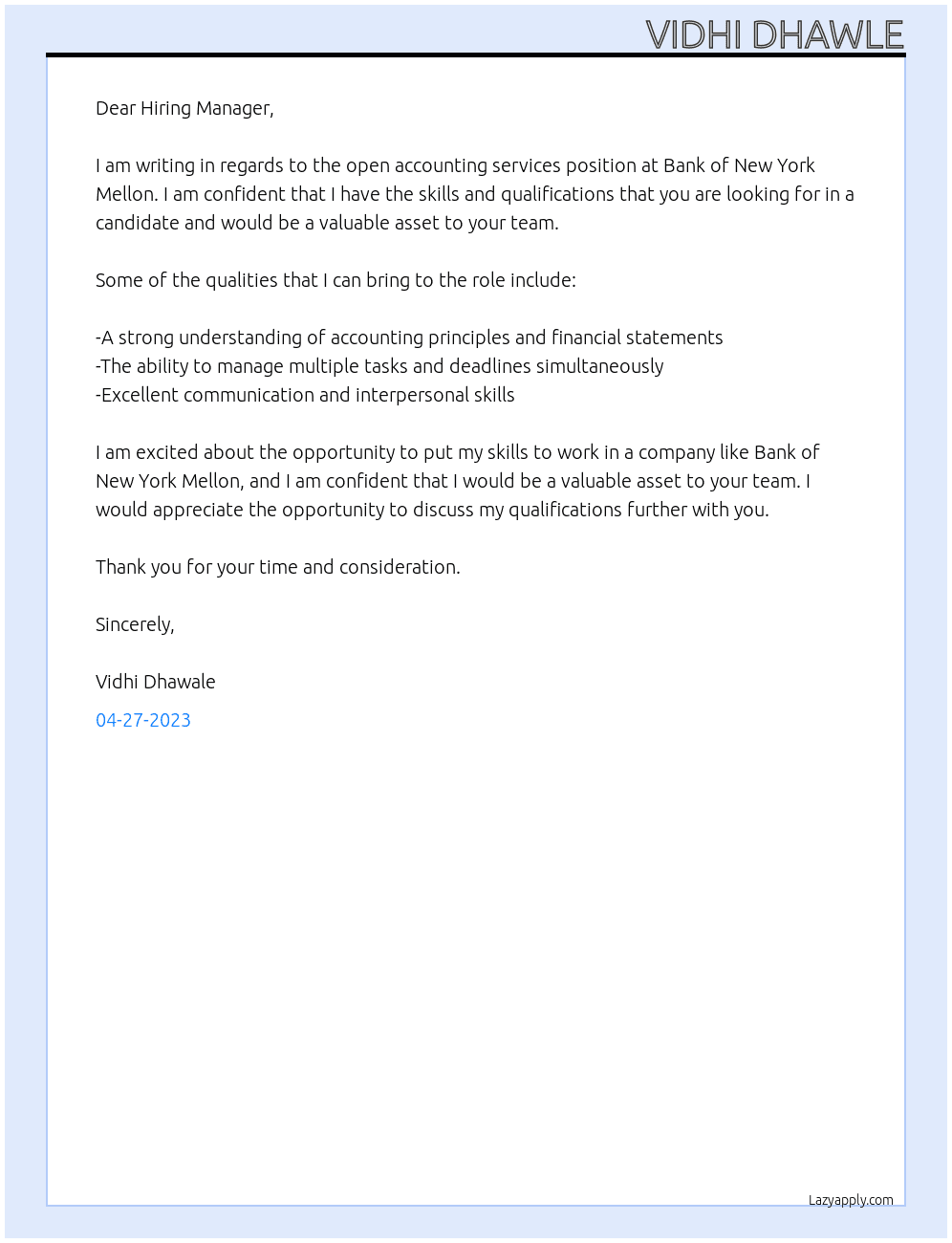 accounting services At bank of new york mellon Cover Letter