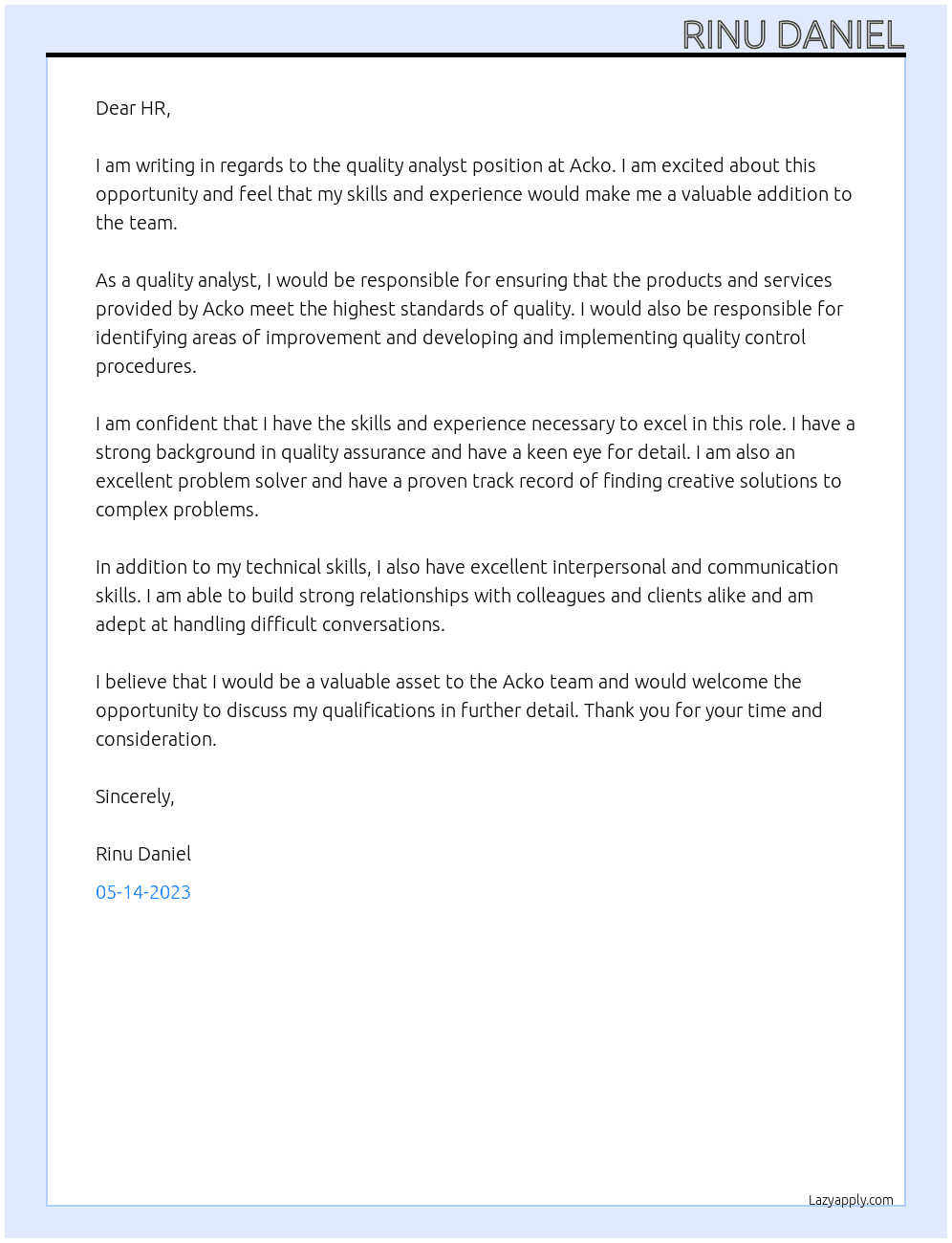 Quality analyst  At Acko Cover Letter