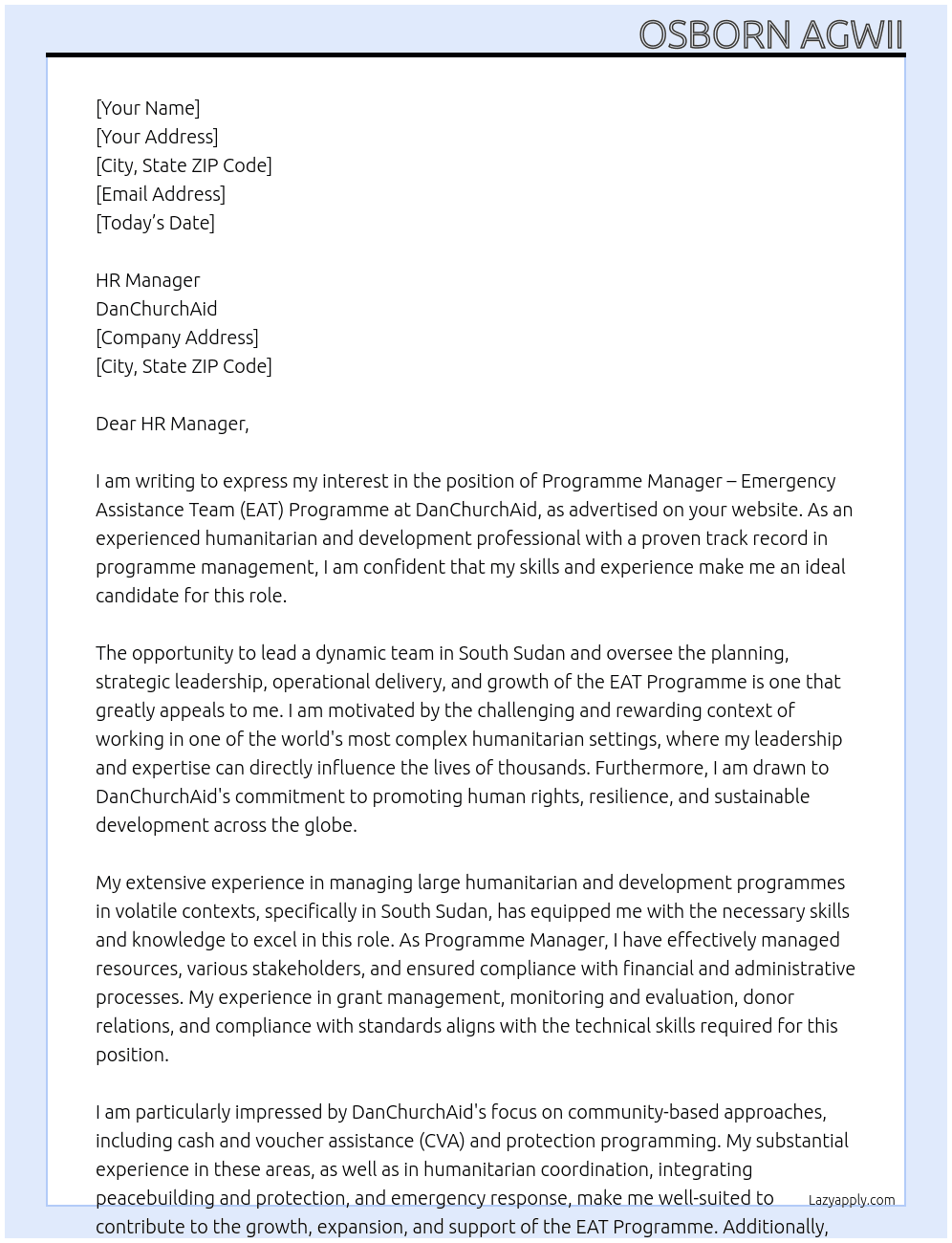  Programme Manager – Emergency Assistance Team (EAT) Programme, South Sudan (Maternity Cover-8 months) At DanChurchAid  Cover Letter
