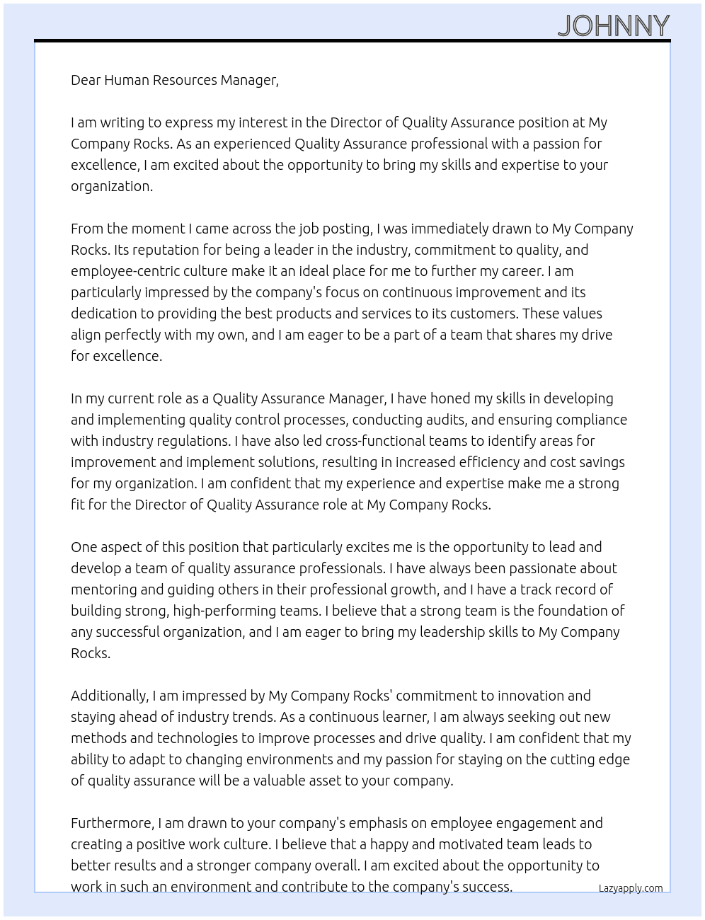Director of Quality Assurance  At My Company Rocks Cover Letter