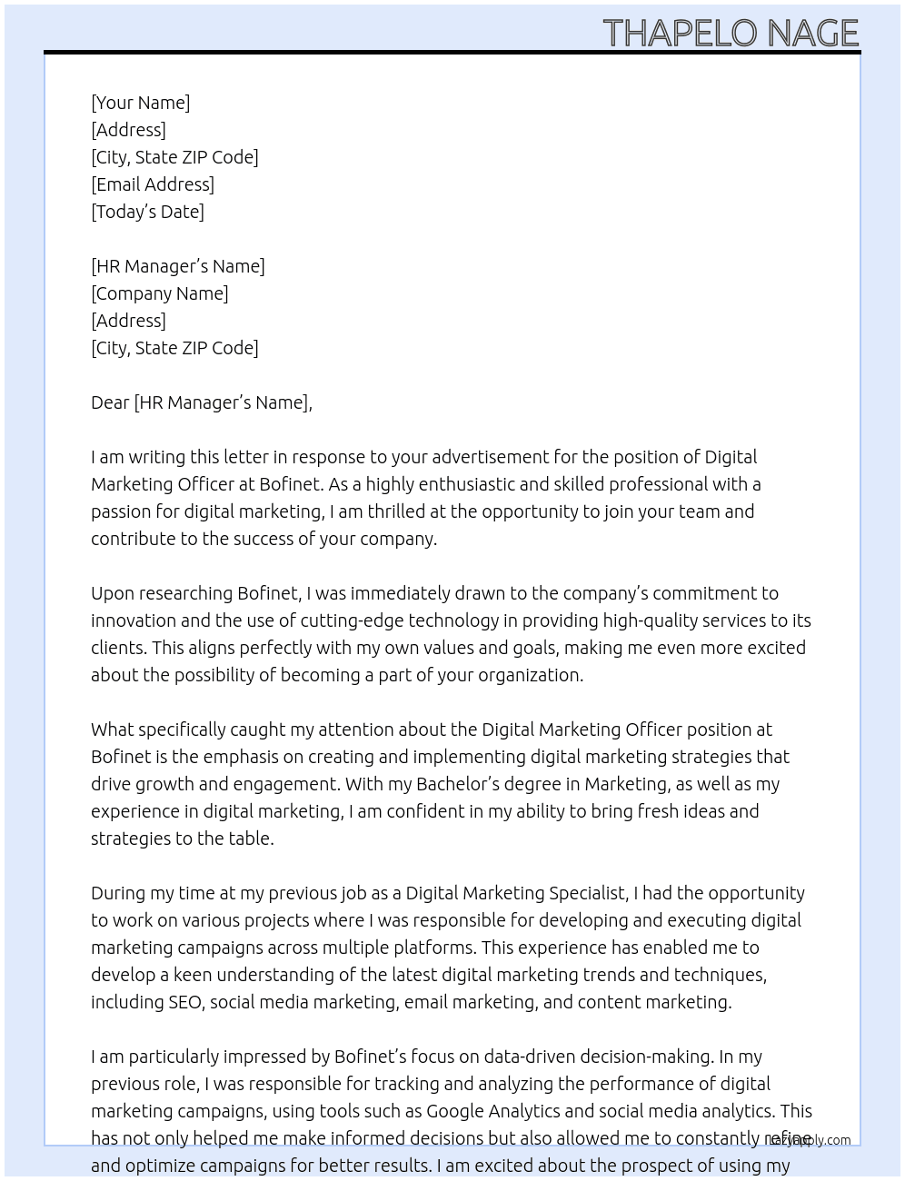 Digital Marketing Officer  At Bofinet Cover Letter