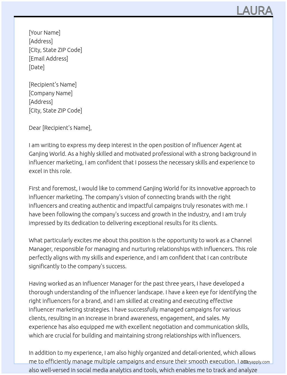 influencer agent At Ganjing world Cover Letter