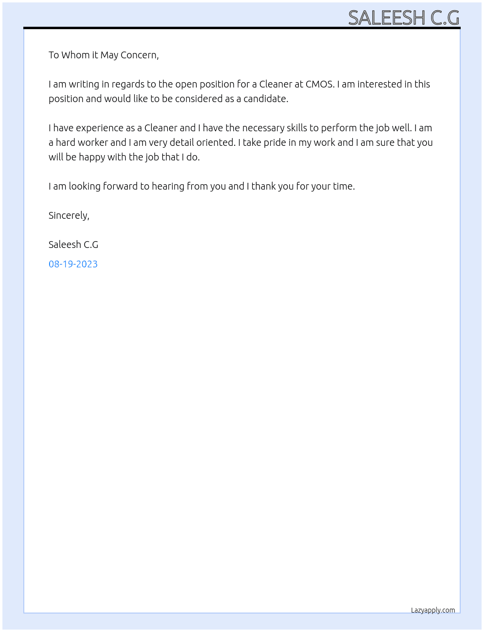 Cleaner At CMOS Cover Letter