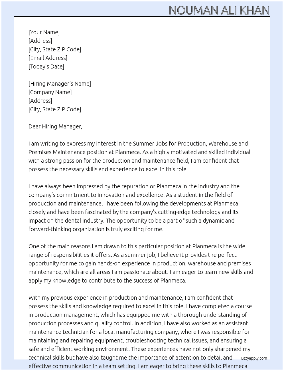 Summer jobs for production, warehouse and premises maintenance At Planmeca Cover Letter