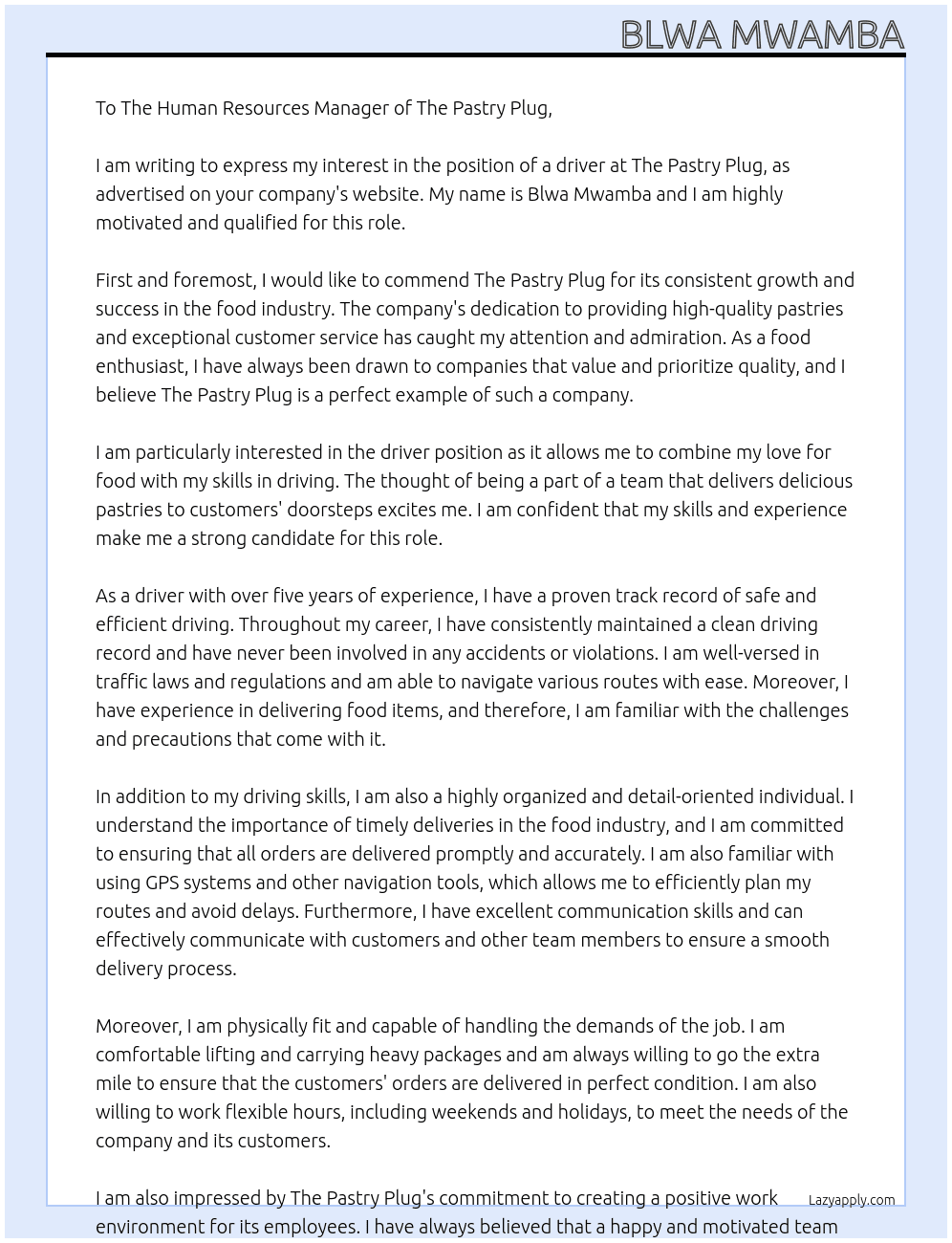 driver At The Pastry Plug Cover Letter