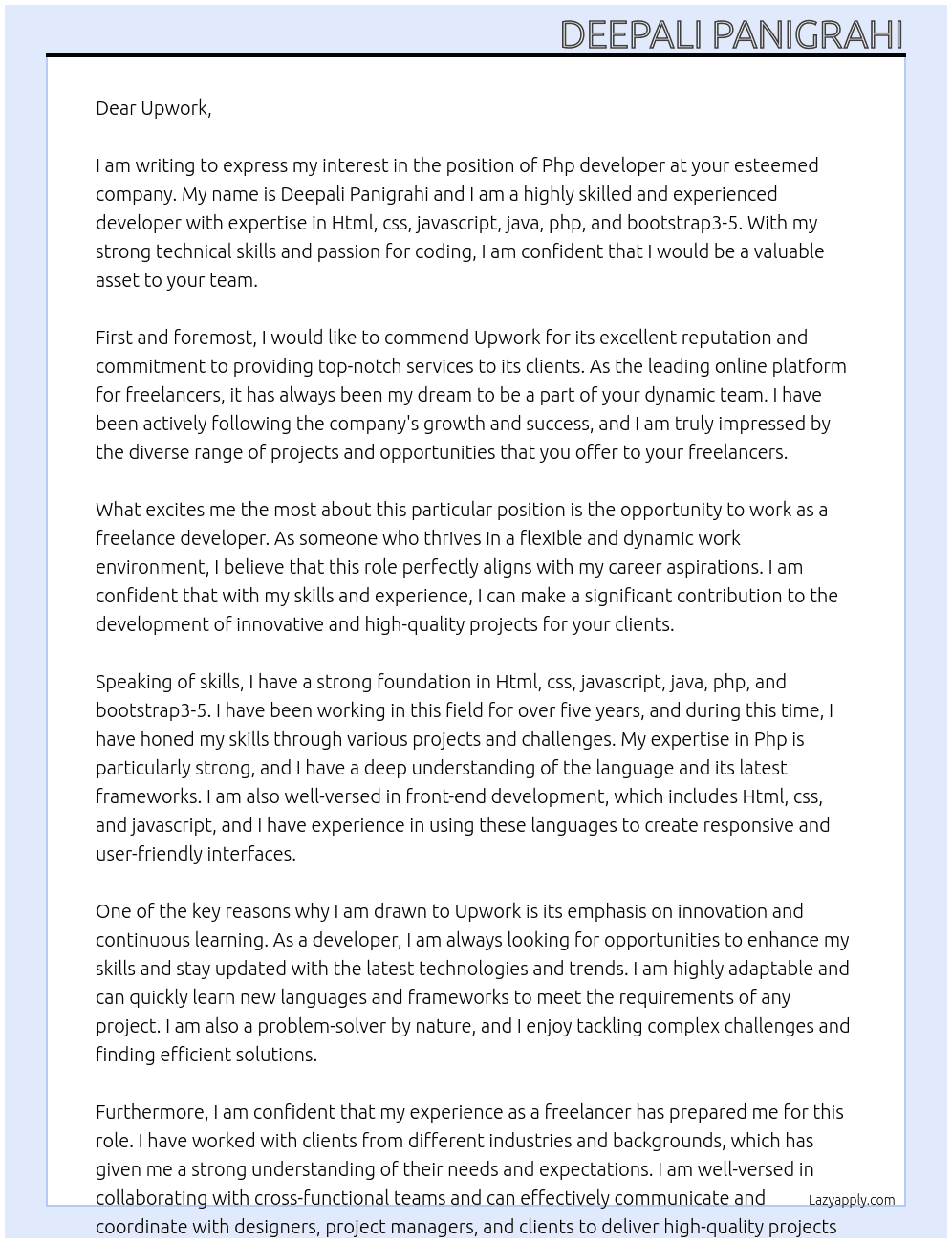 Php developer At Upwork Cover Letter