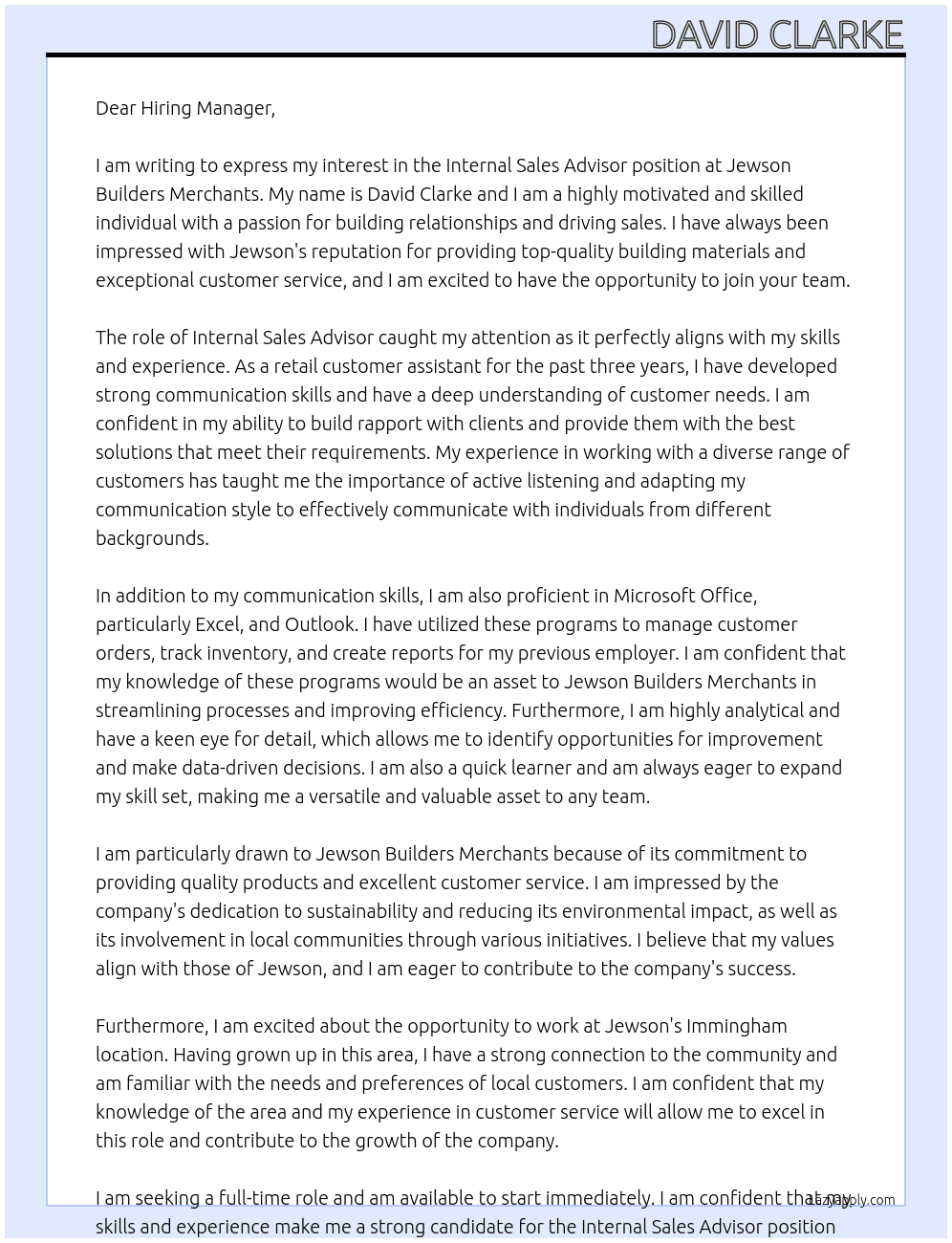 Cover letter for internal sales advisor - LazyApply