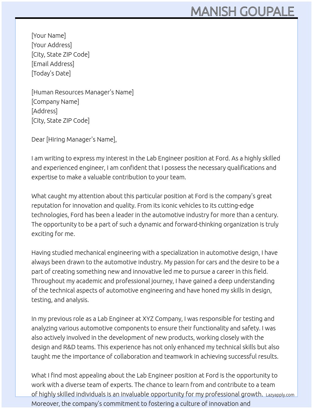 Lab Engineer  At Ford Cover Letter