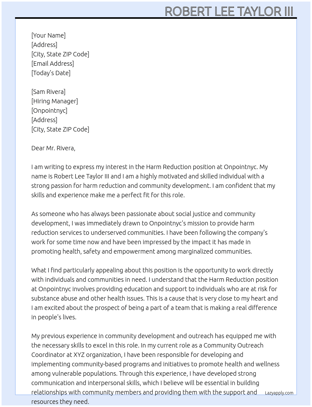 Harm Reduction  At Onpointnyc  Cover Letter