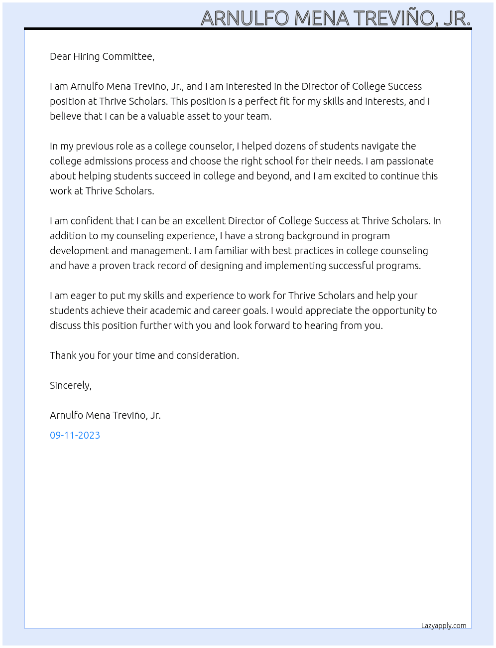 Director of College Success At Thrive Scholars Cover Letter