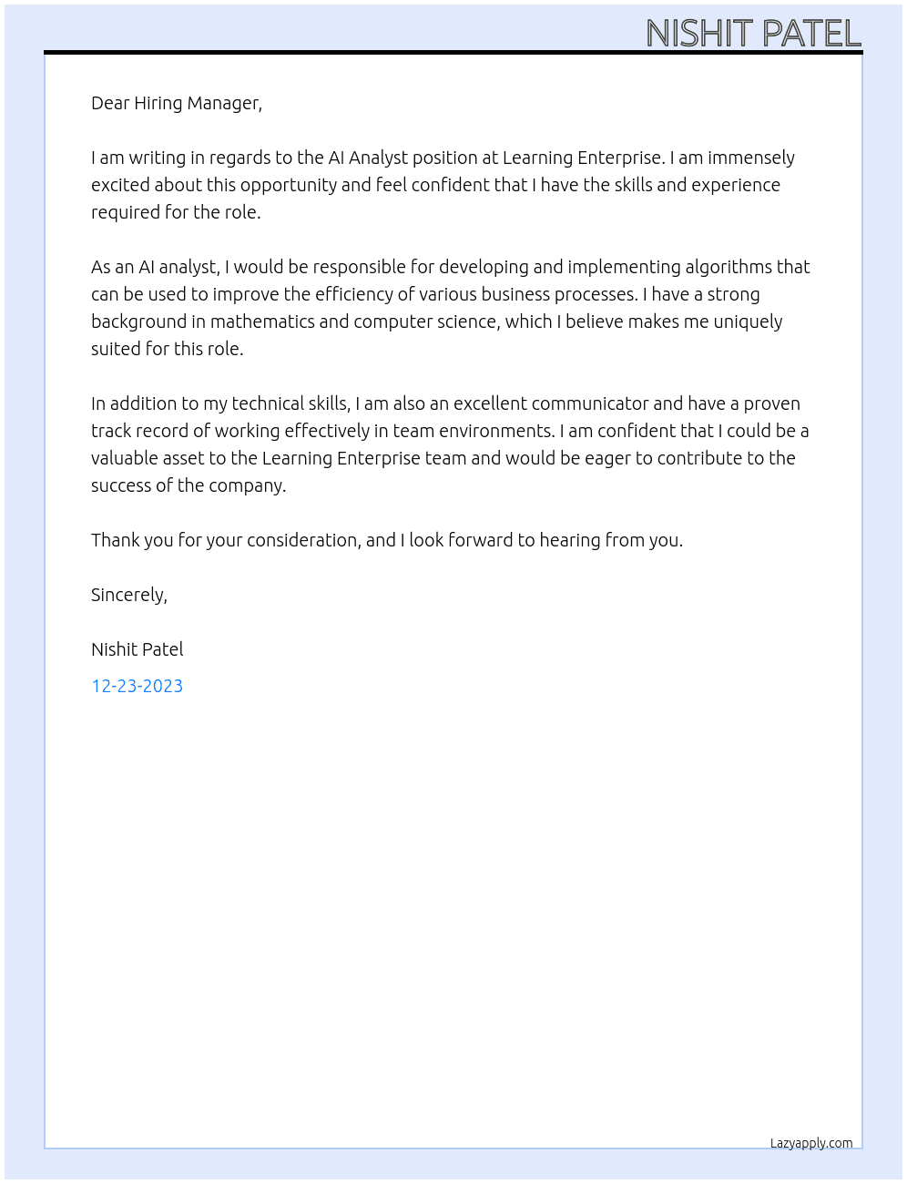 AI Analyst At Learning Enterprise Cover Letter