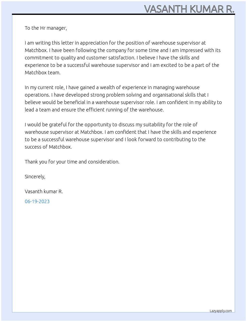 Warehouse supervisor  At Matchbox Cover Letter