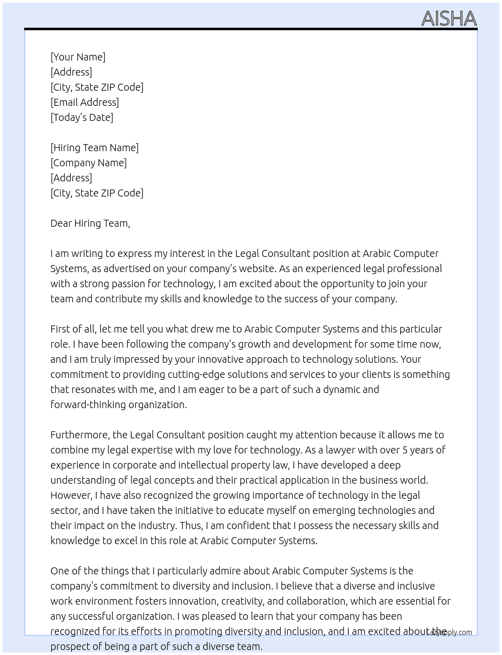 Legal consultant  At  Arabic Computer Systems Cover Letter