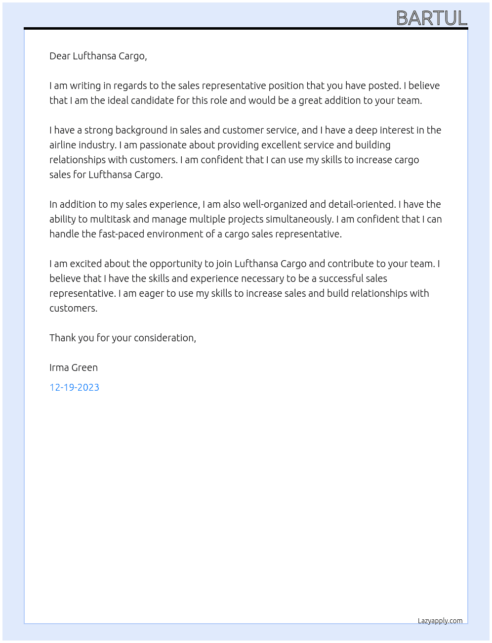 Sales representative At Lufthansa Cargo Cover Letter