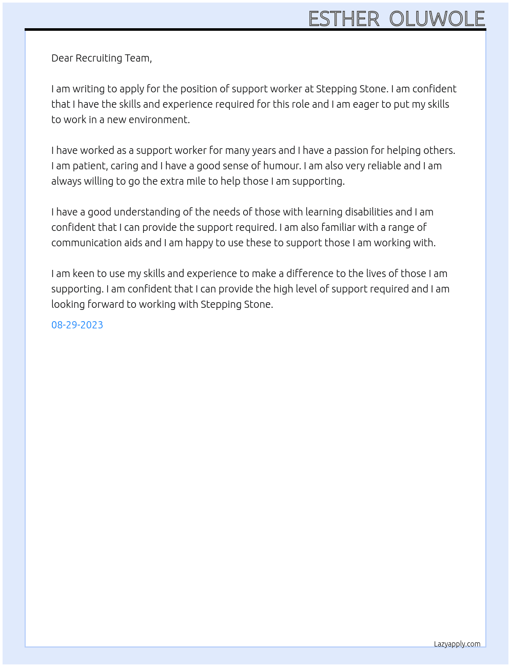 Support Worker  At Stepping stone Cover Letter