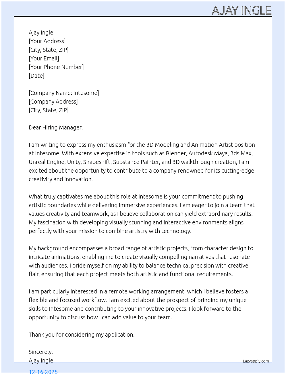 3D modeling and animation artist  At Intesome Cover Letter
