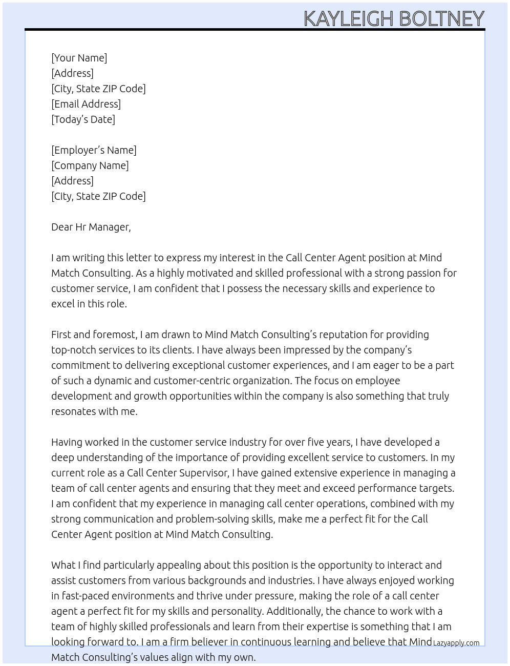 Call Center Agent  At Mind Match Consulting  Cover Letter