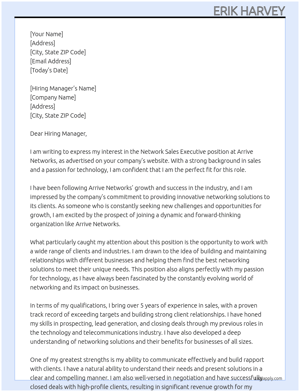 Network Sales Executive At Arrive Networks Cover Letter