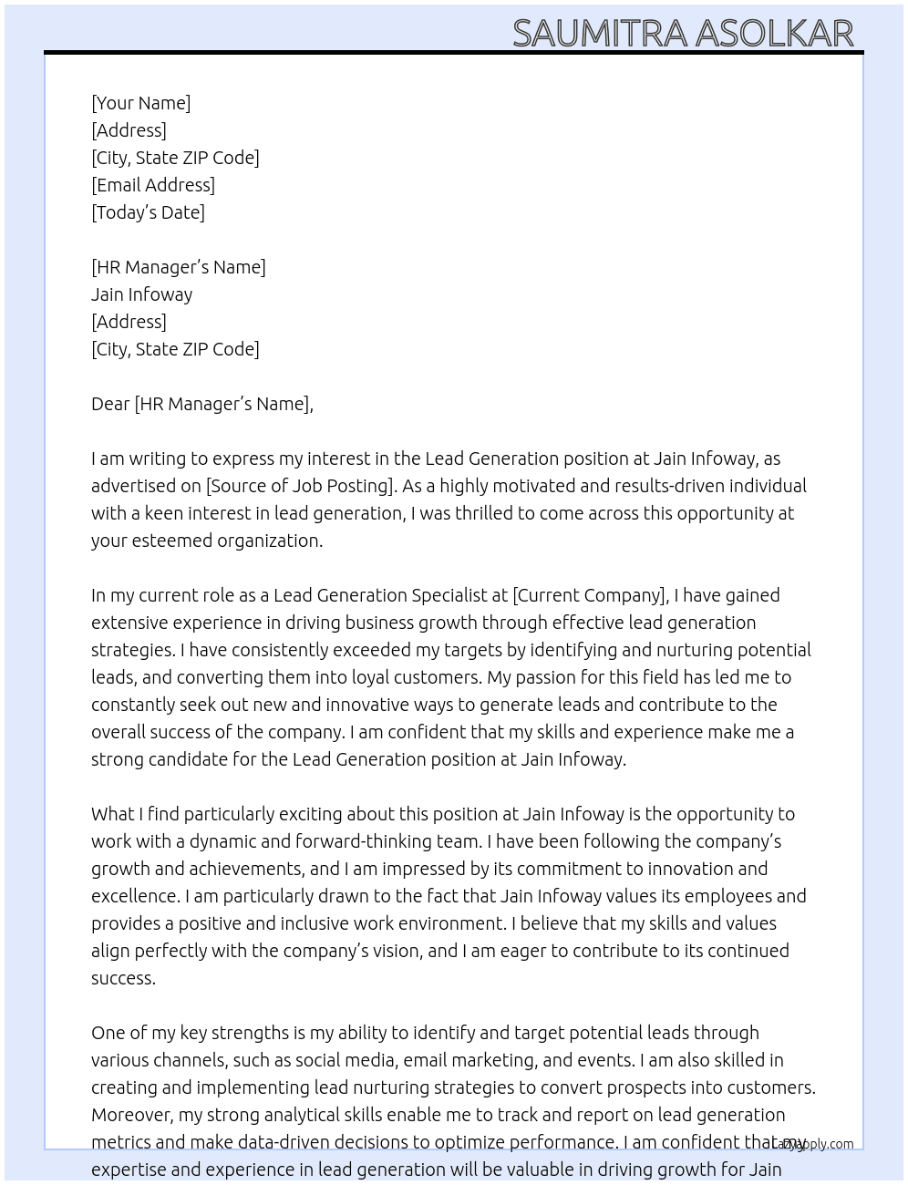 Lead generation  At Jain infoway Cover Letter