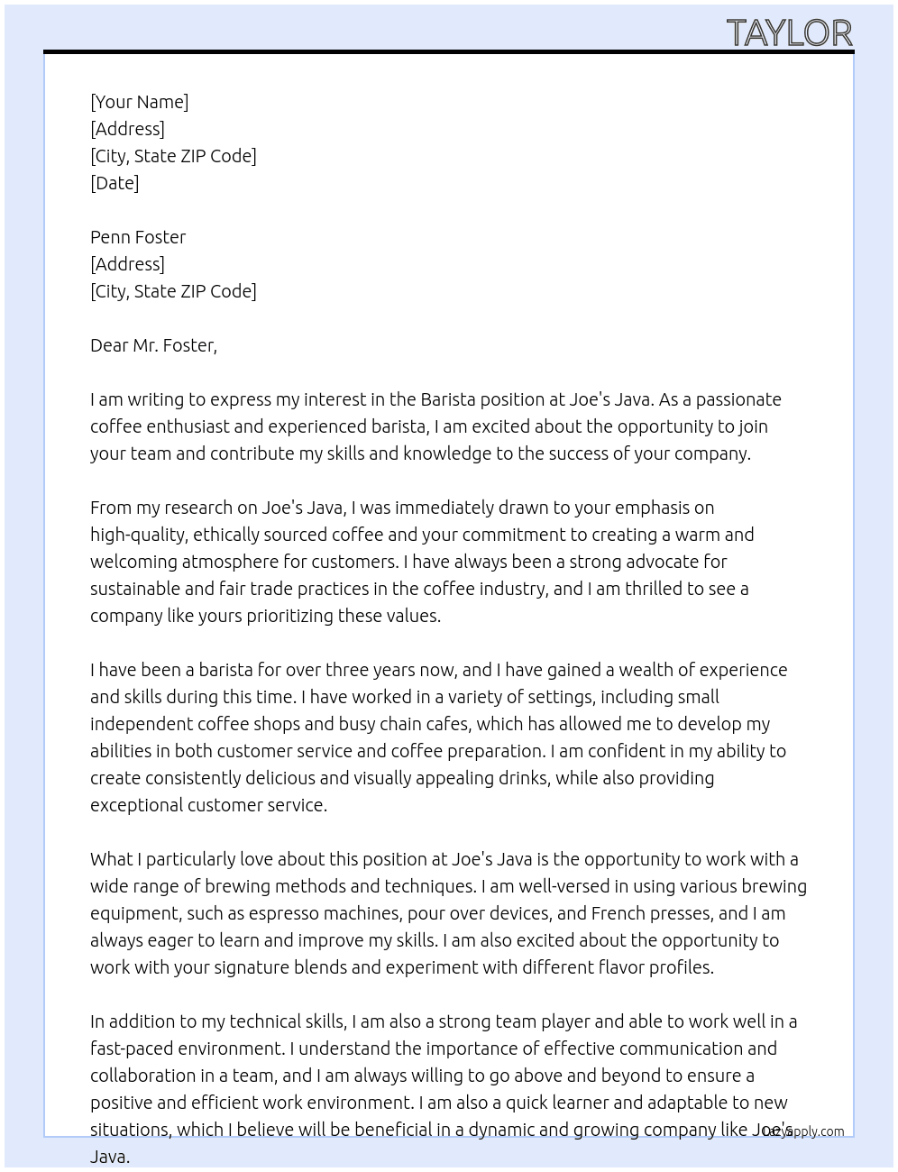 Barista  At Joes java Cover Letter
