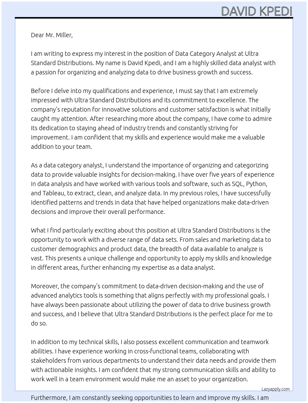 Data Category analyst At Ultra Standard distributions Cover Letter