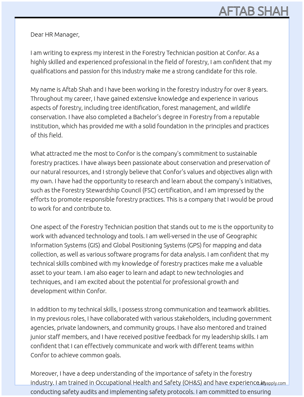 forestry technician At confor Cover Letter