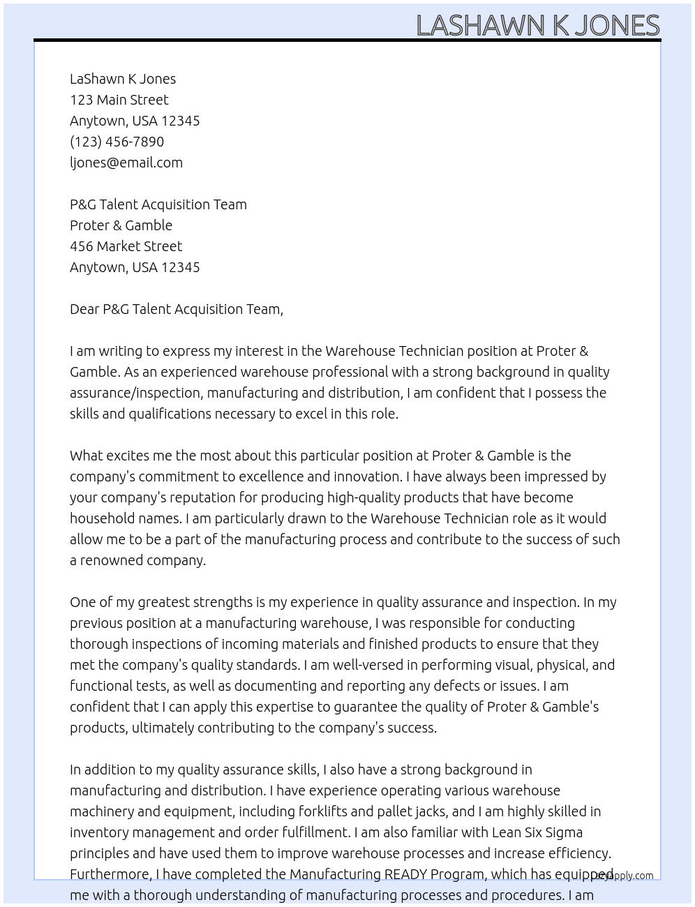 Warehouse Technician At Proter & Gamble Cover Letter