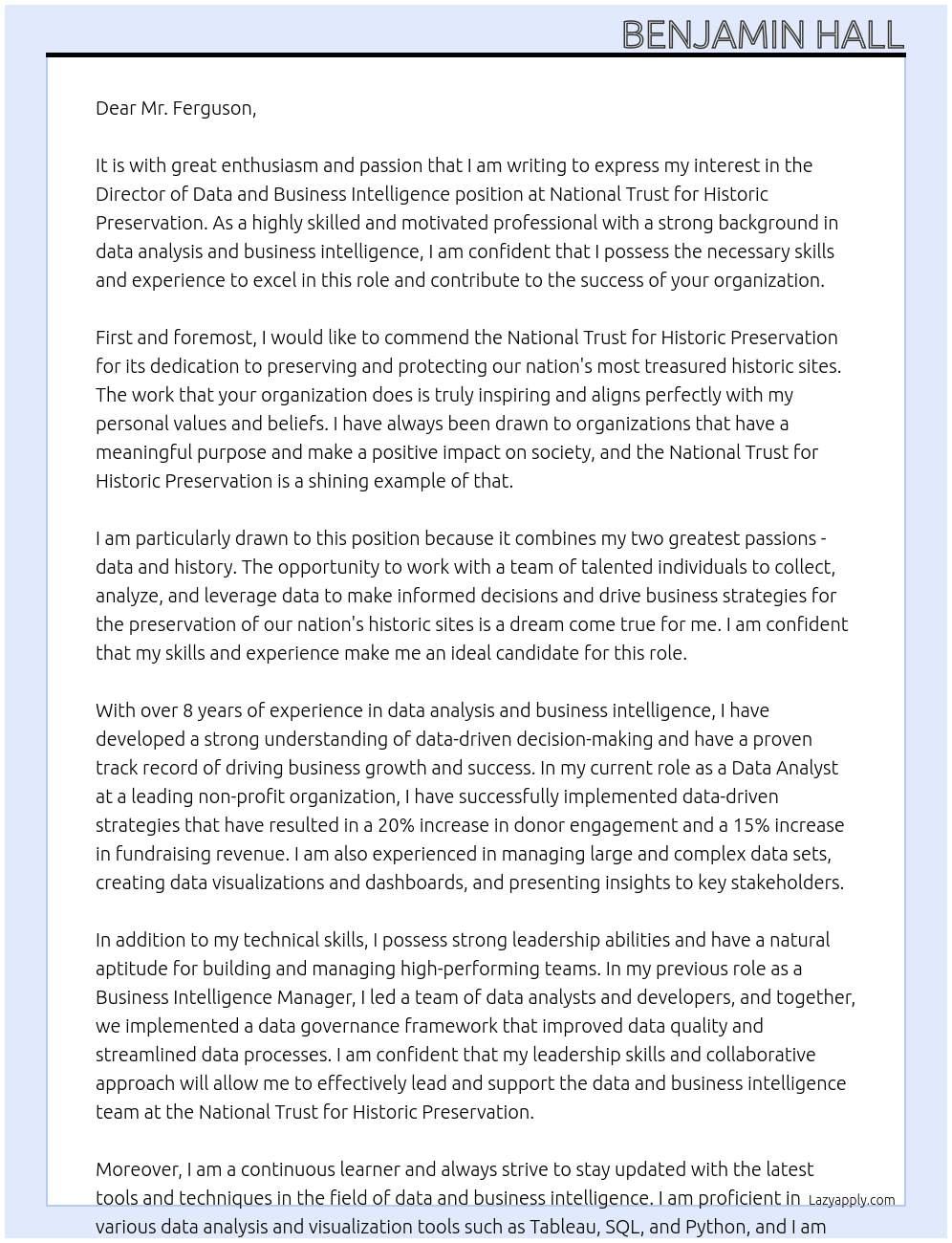 Director of Data and Business Intelligence At National Trust for Historic Preservation  Cover Letter
