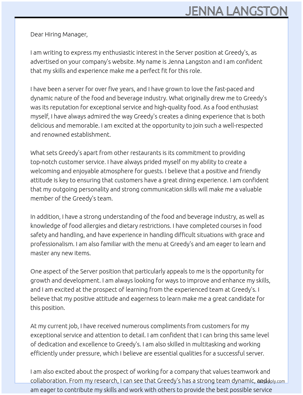 Server At Greedy’s Cover Letter
